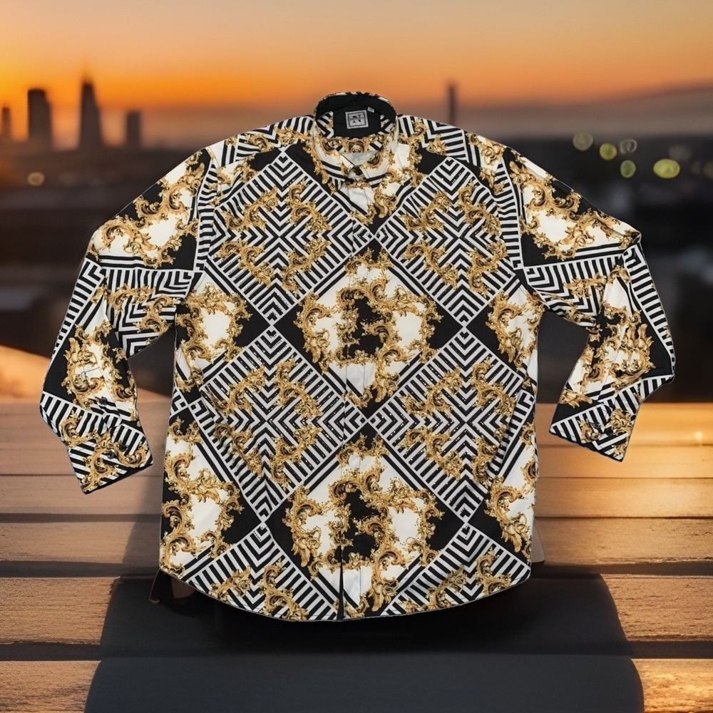 De-Niko Milano Mens 2XL Shirt Baroque Gold Black White Checkered Spandex EUC